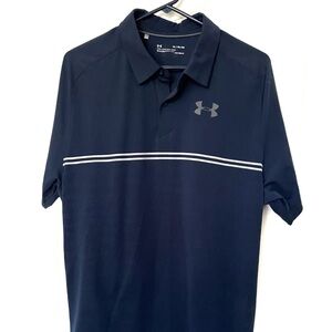 Under Armour Polo Shirt Navy Blue Grey Logo Heat Gear Loose Fit Polo Shirt Sz XL